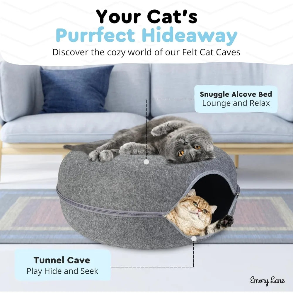 - Premium Cat Cave, Multifunctional Donut Tunnel Bed, Round Felt Cave with Zipper, for Pets up to 40 Lbs (24x24x11 Inch) (Dark