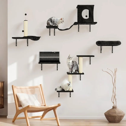 All-in-One Wall-Mounted Cat Climbing System with House, Tunnel, Bridge, Steps, and Scratching Post for Indoor Play