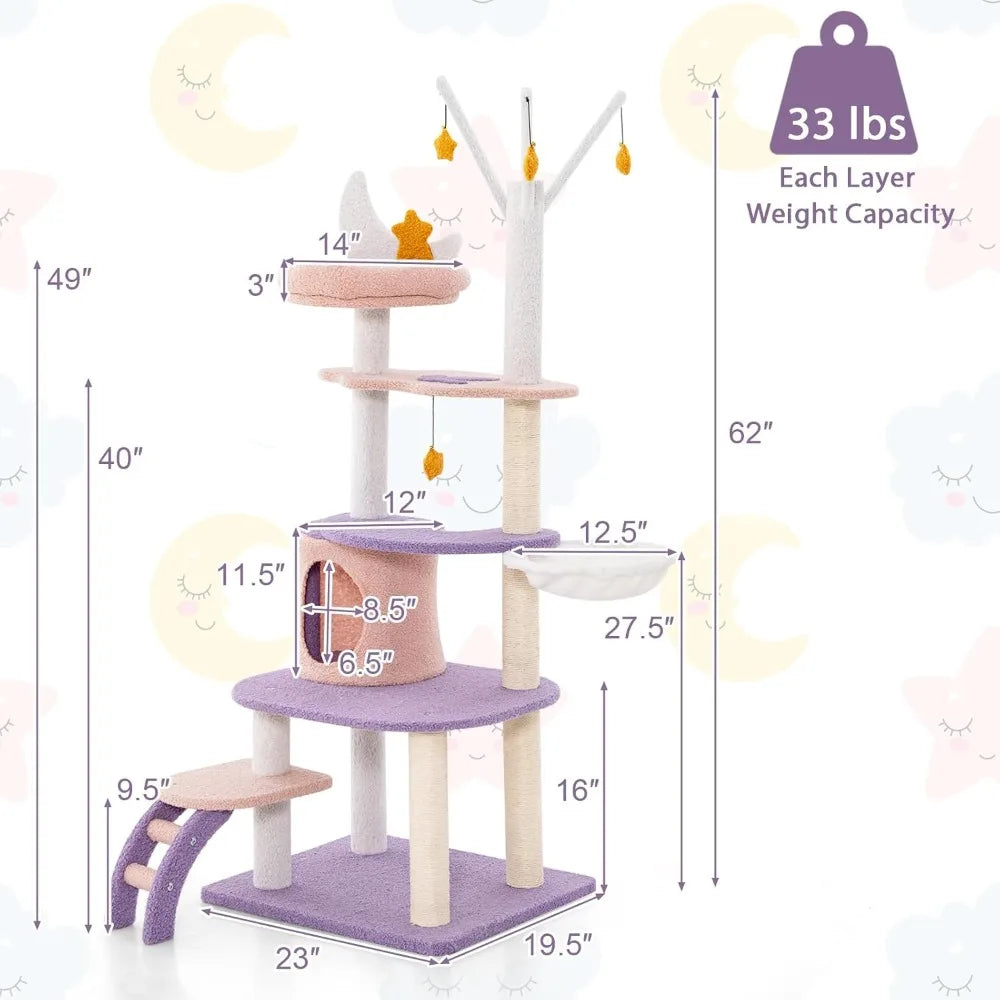 62-Inch Multi-Level Cat Tower with Condo, Sisal Scratching Posts, Ladder, Plush Perch, Hammock, and Climbing Tunnel