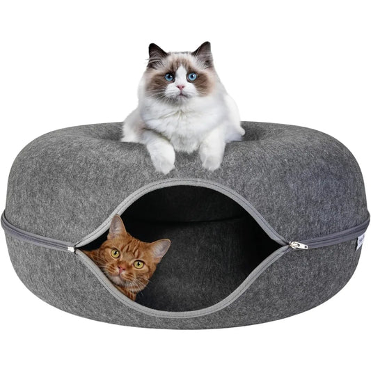 - Premium Cat Cave, Multifunctional Donut Tunnel Bed, Round Felt Cave with Zipper, for Pets up to 40 Lbs (24x24x11 Inch) (Dark