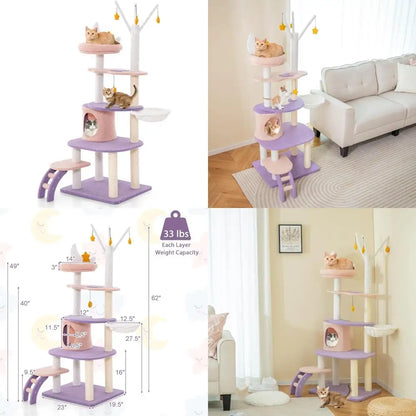 62-Inch Multi-Level Cat Tower with Condo, Sisal Scratching Posts, Ladder, Plush Perch, Hammock, and Climbing Tunnel