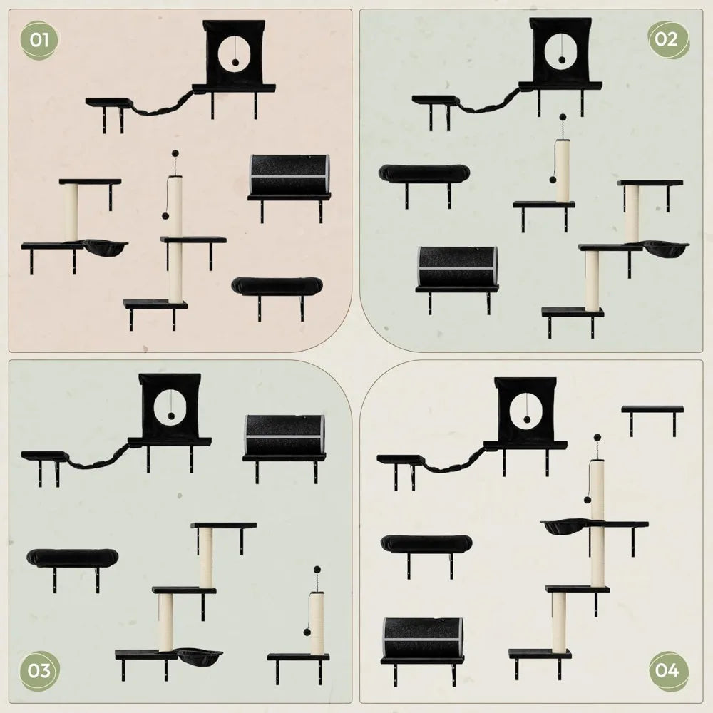 All-in-One Wall-Mounted Cat Climbing System with House, Tunnel, Bridge, Steps, and Scratching Post for Indoor Play