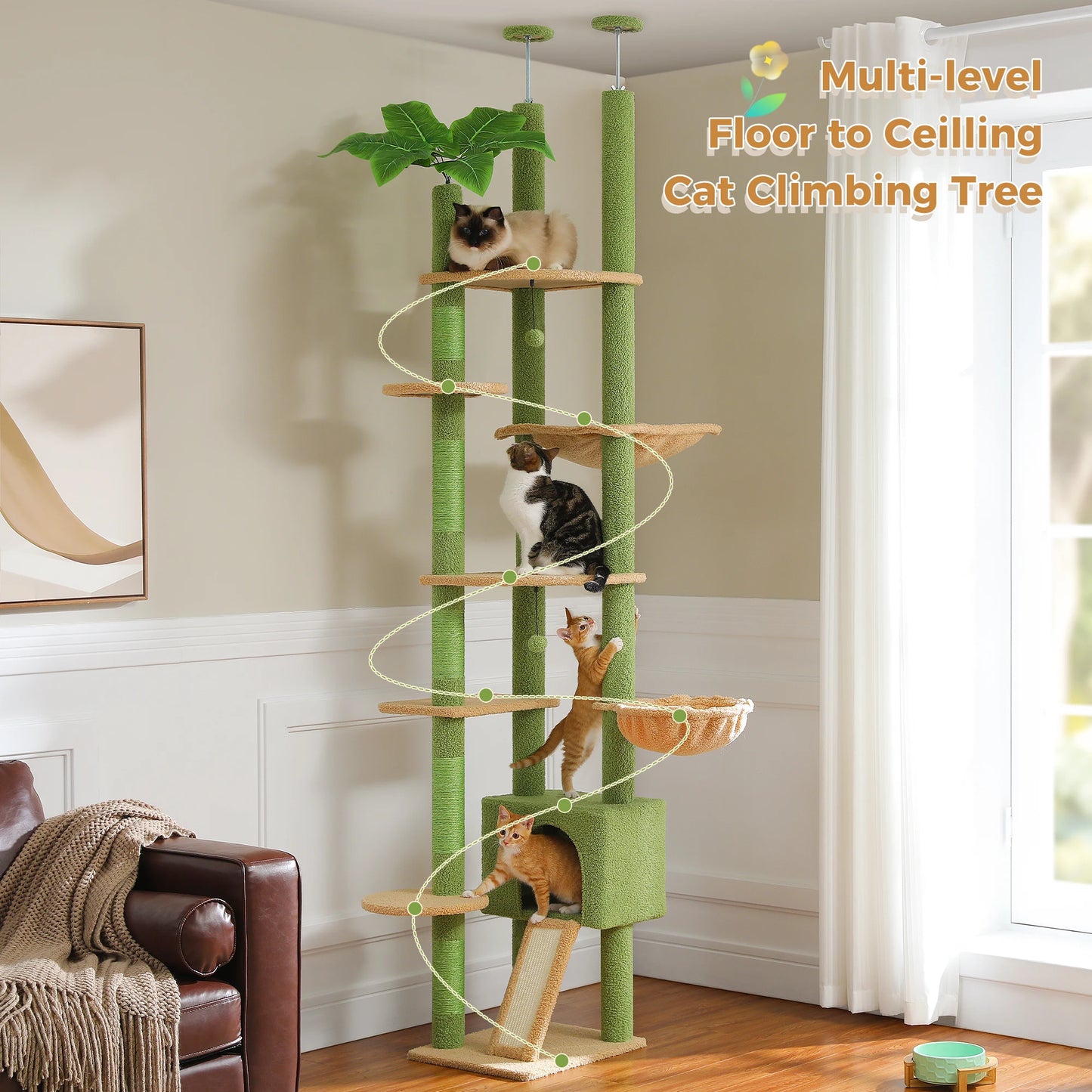 Floor to Ceiling Cat Tree with Scratching Posts Spacious Condo Hammock Tunnel Indoor Height Adjustable Wooden Cat Tower Cat Toys