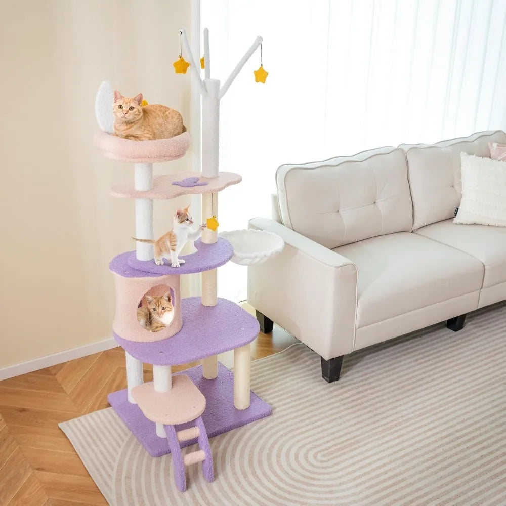 62-Inch Multi-Level Cat Tower with Condo, Sisal Scratching Posts, Ladder, Plush Perch, Hammock, and Climbing Tunnel