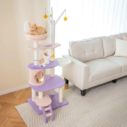 62-Inch Multi-Level Cat Tower with Condo, Sisal Scratching Posts, Ladder, Plush Perch, Hammock, and Climbing Tunnel