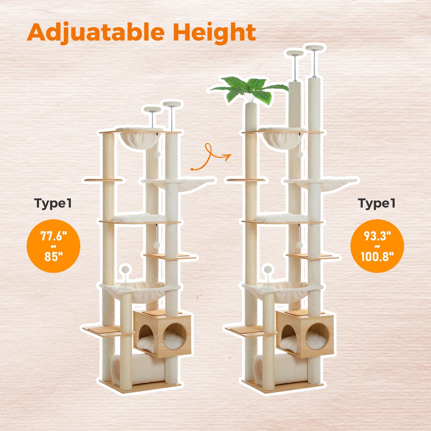 Floor to Ceiling Cat Tree with Scratching Posts Spacious Condo Hammock Tunnel Indoor Height Adjustable Wooden Cat Tower Cat Toys