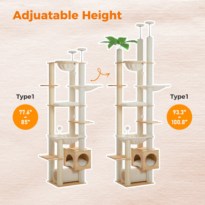 Floor to Ceiling Cat Tree with Scratching Posts Spacious Condo Hammock Tunnel Indoor Height Adjustable Wooden Cat Tower Cat Toys