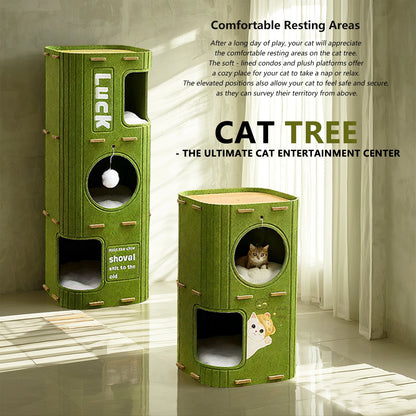 Three-Story Felt Cat Tree, With Scratching Boards And Comfortable Caves - Multi-Story Cat Apartment Tower