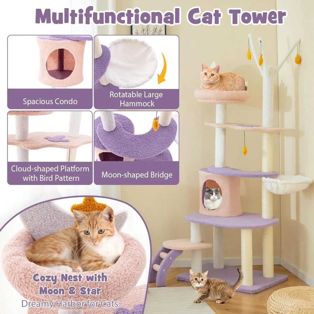 62-Inch Multi-Level Cat Tower with Condo, Sisal Scratching Posts, Ladder, Plush Perch, Hammock, and Climbing Tunnel
