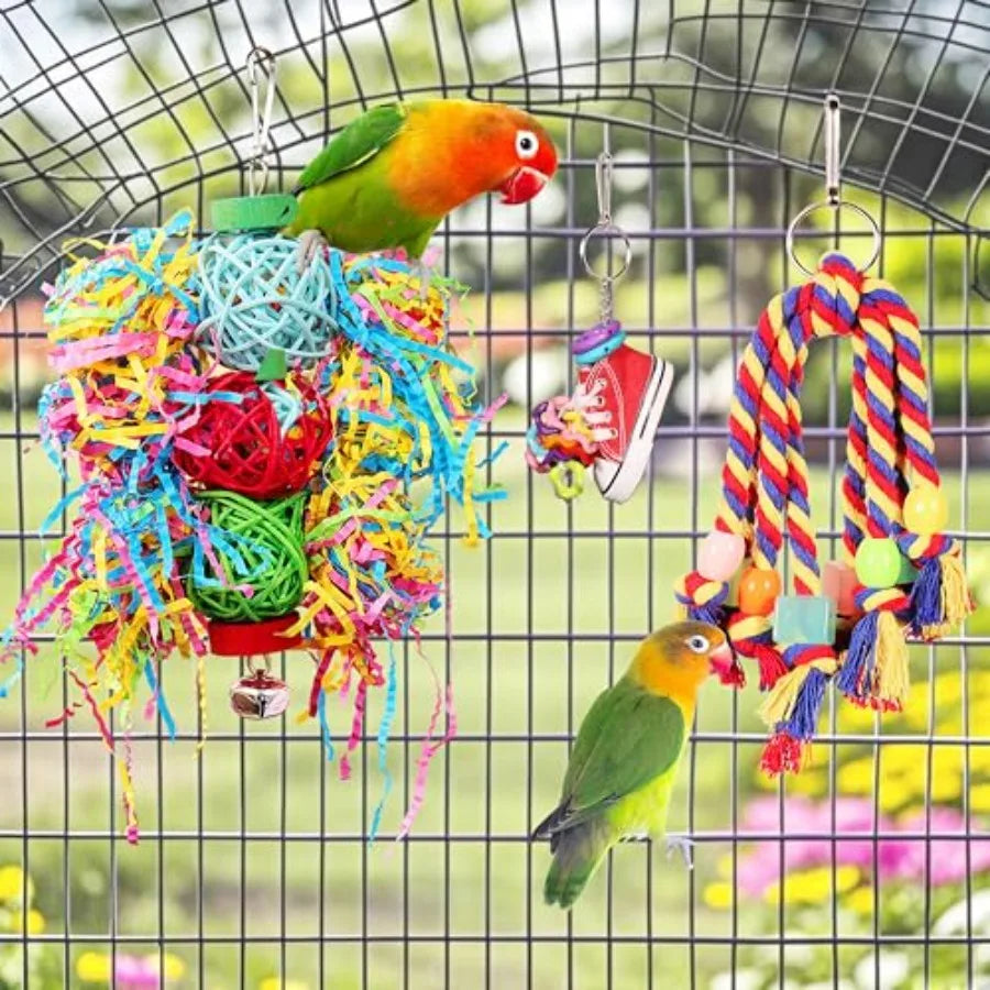 Bird Toys for Parakeet Parrot Conure Chewing Shredding Foraging Toys with Rope Perch Bird Cage Accessories for Cockatiel Budgie