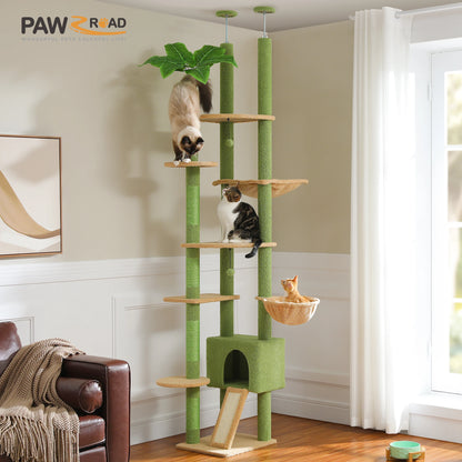 Floor to Ceiling Cat Tree with Scratching Posts Spacious Condo Hammock Tunnel Indoor Height Adjustable Wooden Cat Tower Cat Toys