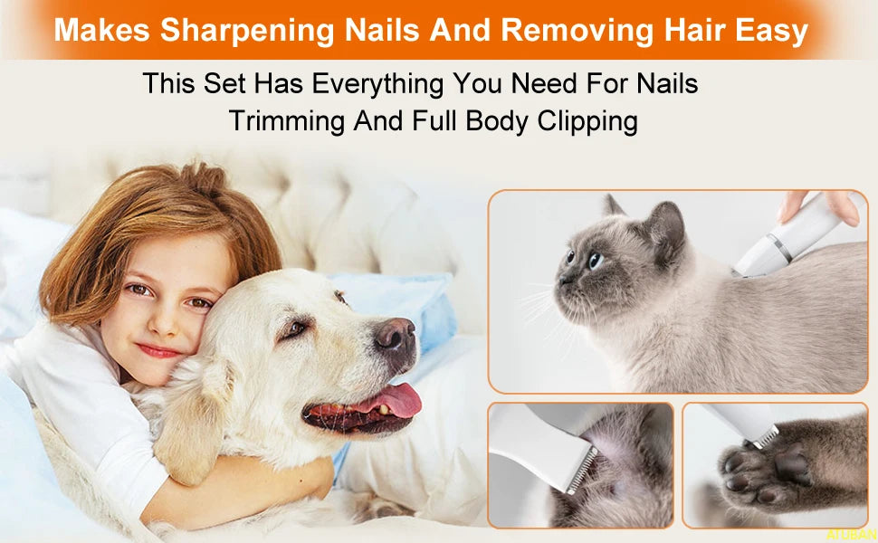 ATUBAN Dog Clippers Grooming Kit Hair Clipper-Low Noise Paw Trimmer-Cordless Quiet Nail Grinder Shaver for Cats and Other Pets