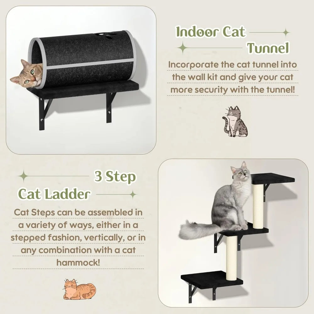 All-in-One Wall-Mounted Cat Climbing System with House, Tunnel, Bridge, Steps, and Scratching Post for Indoor Play
