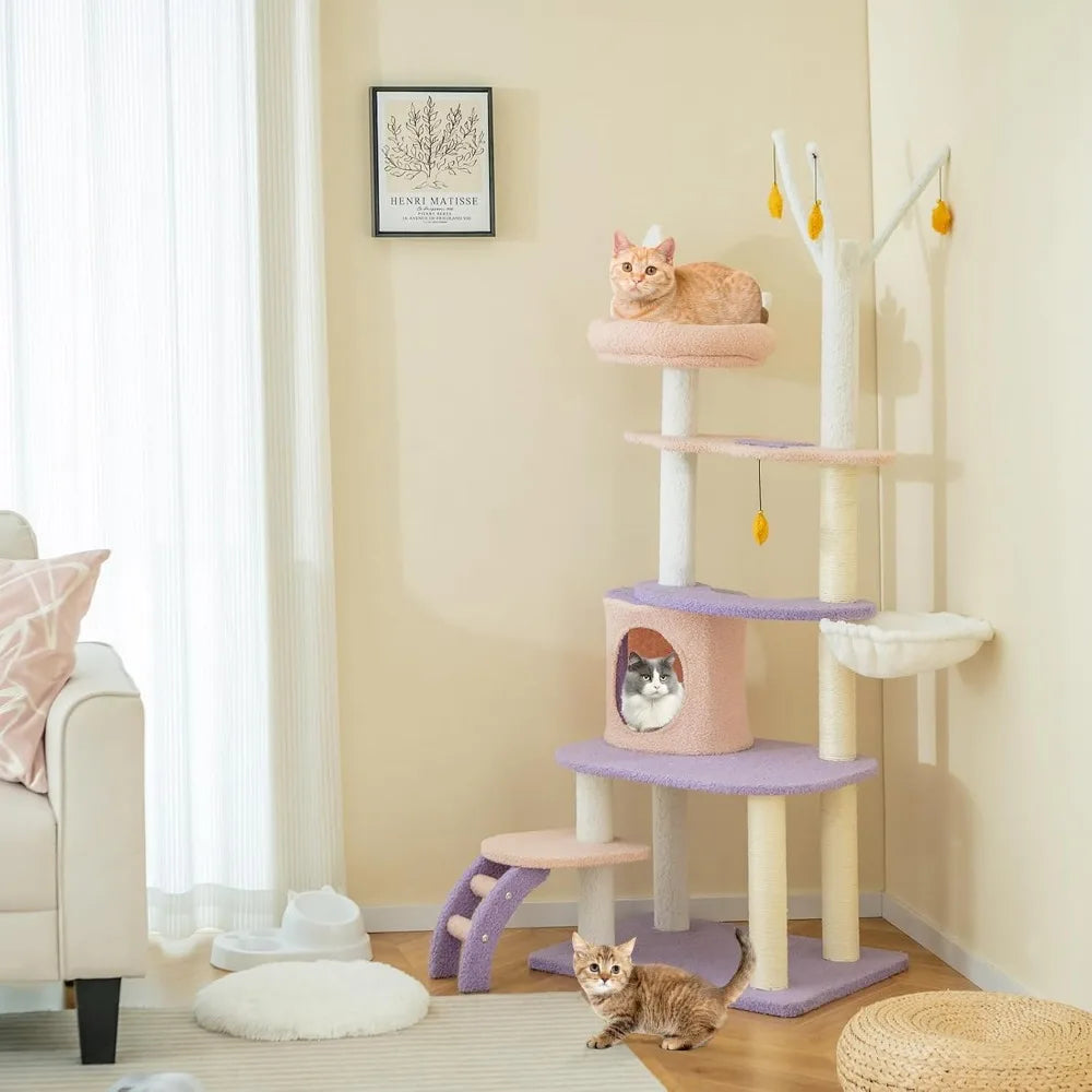 62-Inch Multi-Level Cat Tower with Condo, Sisal Scratching Posts, Ladder, Plush Perch, Hammock, and Climbing Tunnel