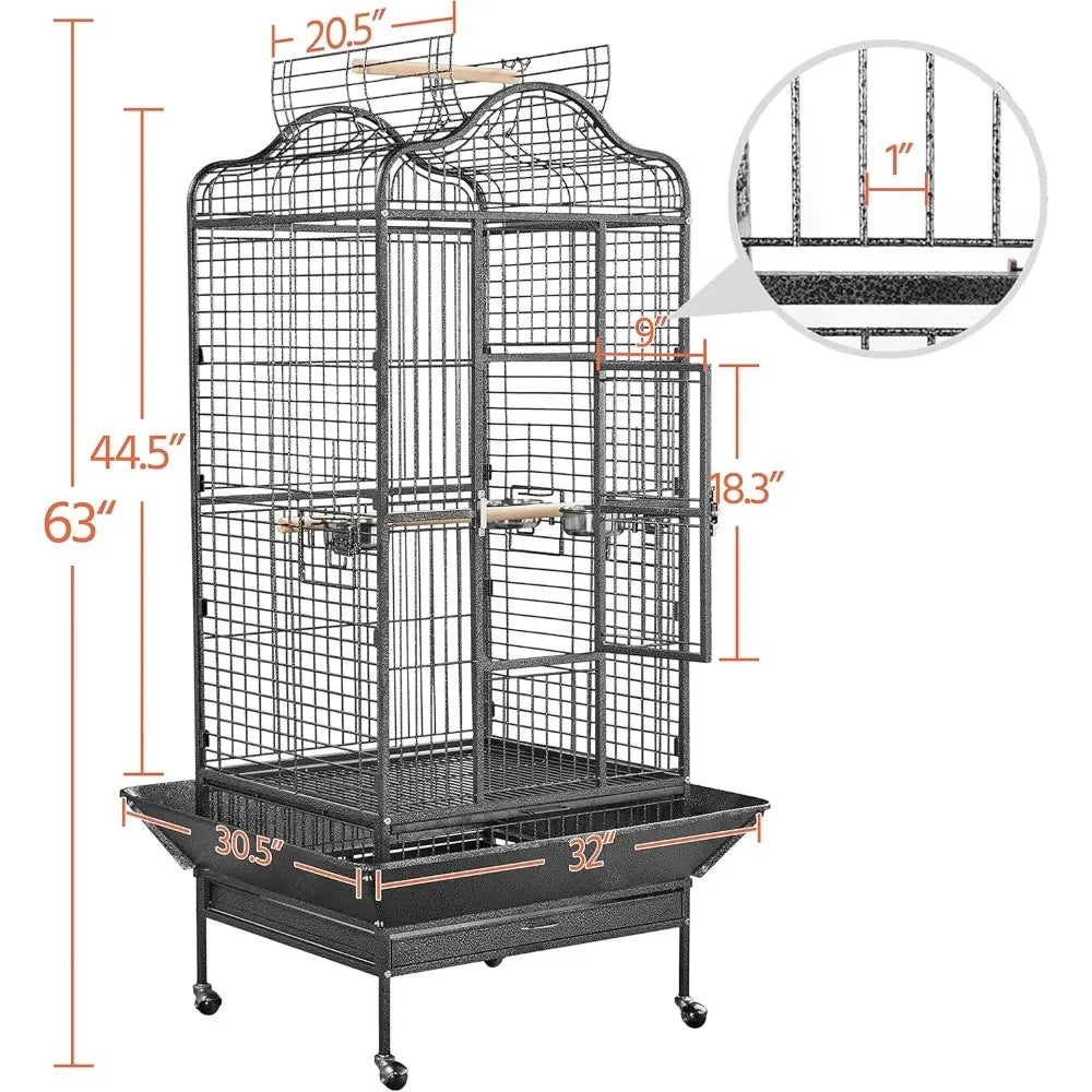 Extra Large Bird Cage 63 Inch Open Play Top Bird Cage with 360° Wheels