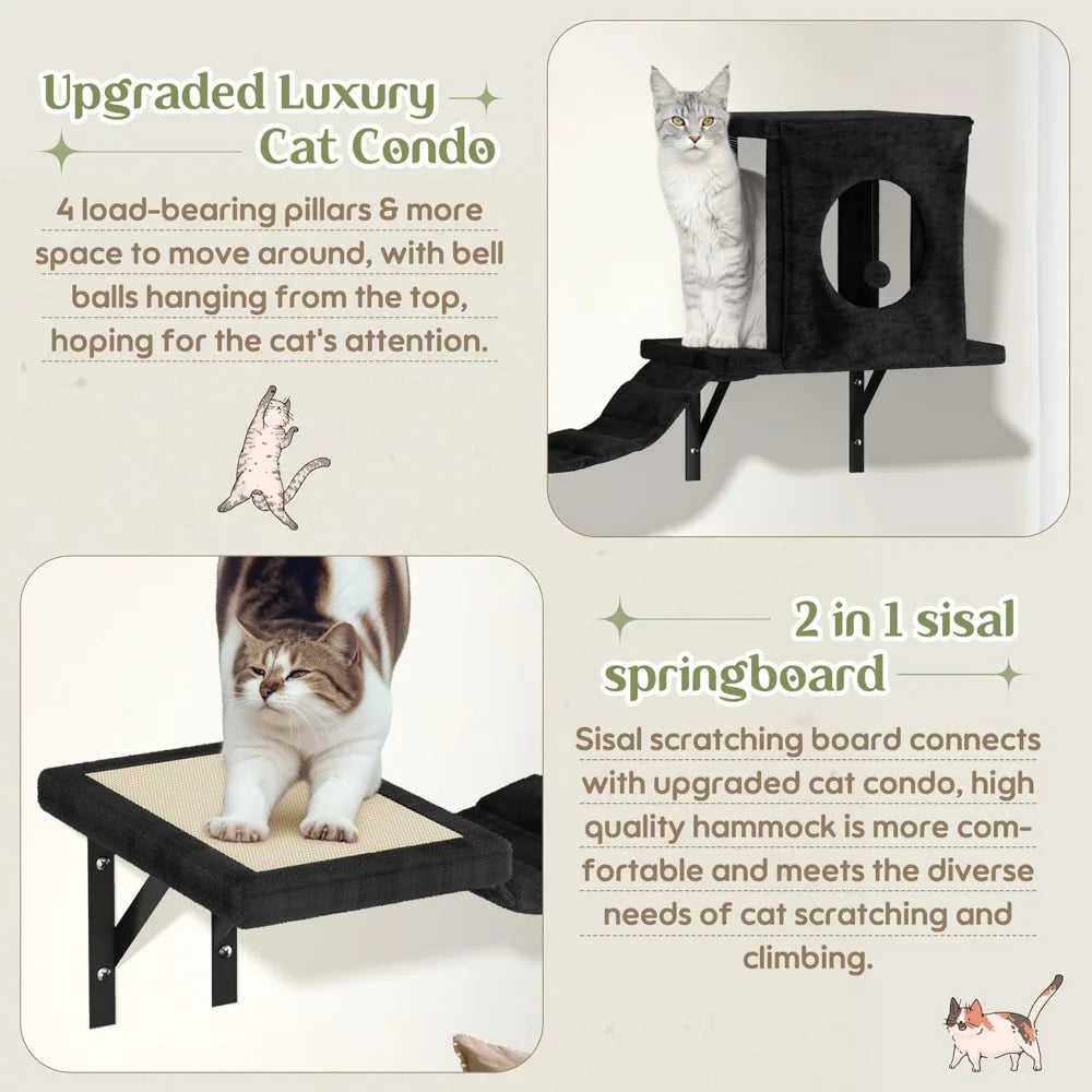 All-in-One Wall-Mounted Cat Climbing System with House, Tunnel, Bridge, Steps, and Scratching Post for Indoor Play