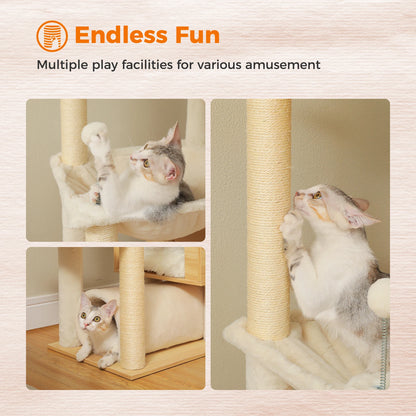 Floor to Ceiling Cat Tree with Scratching Posts Spacious Condo Hammock Tunnel Indoor Height Adjustable Wooden Cat Tower Cat Toys