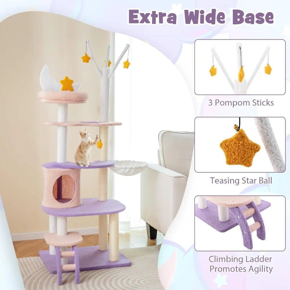 62-Inch Multi-Level Cat Tower with Condo, Sisal Scratching Posts, Ladder, Plush Perch, Hammock, and Climbing Tunnel