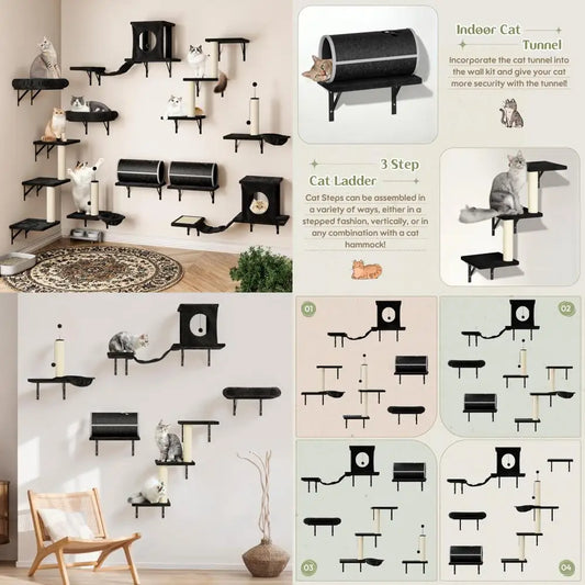 All-in-One Wall-Mounted Cat Climbing System with House, Tunnel, Bridge, Steps, and Scratching Post for Indoor Play