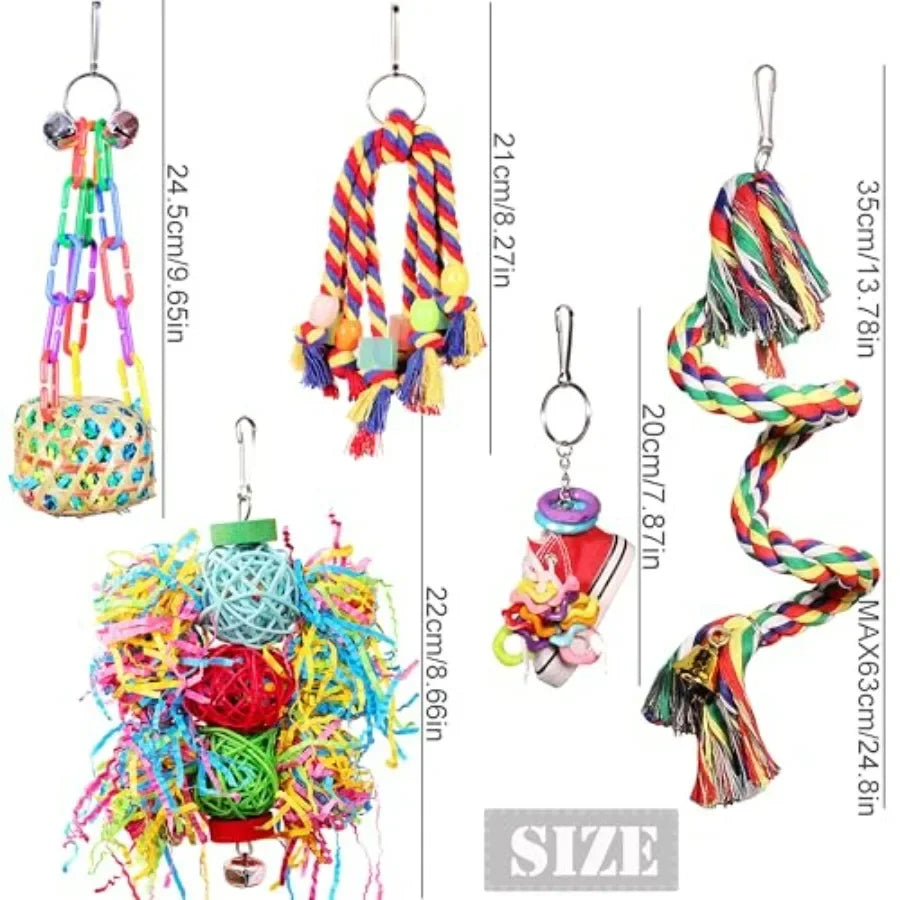 Bird Toys for Parakeet Parrot Conure Chewing Shredding Foraging Toys with Rope Perch Bird Cage Accessories for Cockatiel Budgie