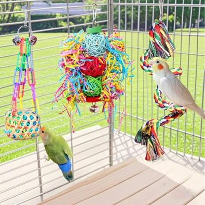 Bird Toys for Parakeet Parrot Conure Chewing Shredding Foraging Toys with Rope Perch Bird Cage Accessories for Cockatiel Budgie