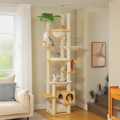 Floor to Ceiling Cat Tree with Scratching Posts Spacious Condo Hammock Tunnel Indoor Height Adjustable Wooden Cat Tower Cat Toys