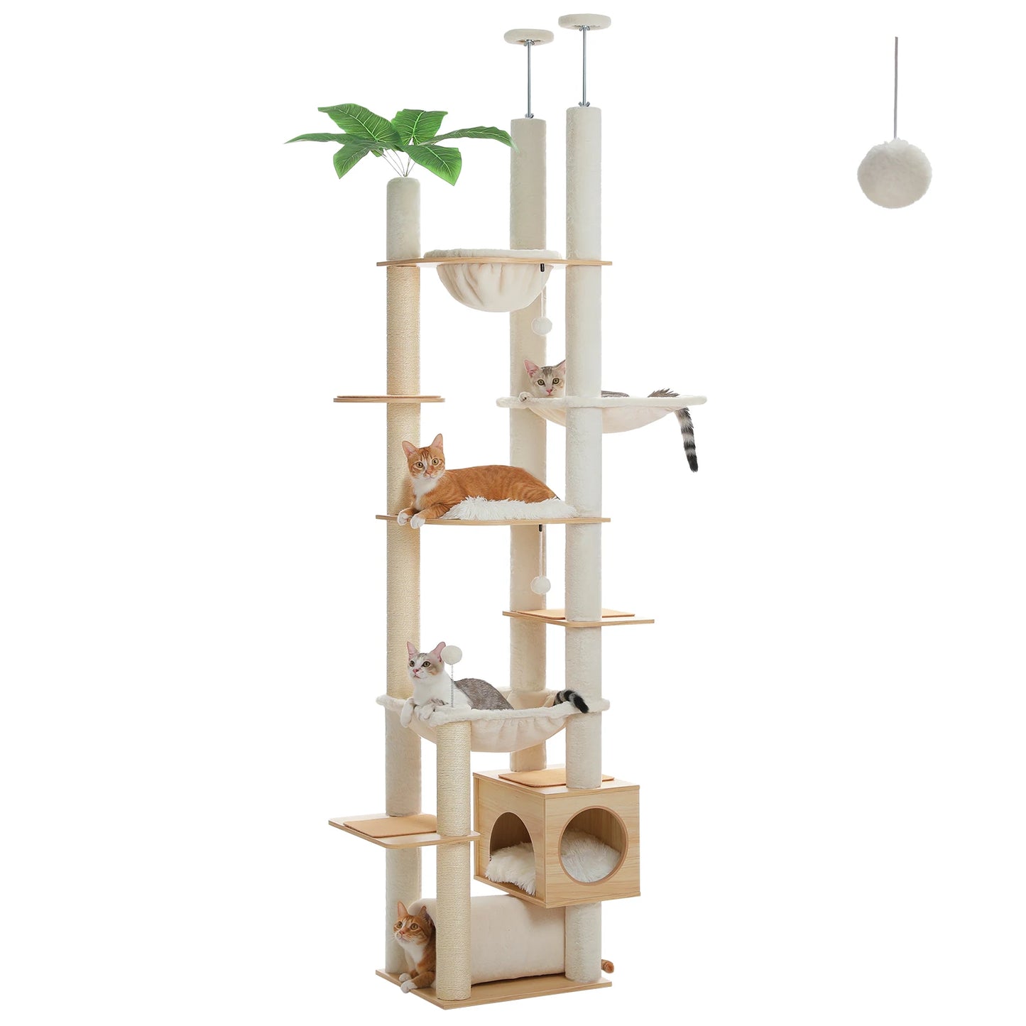 Floor to Ceiling Cat Tree with Scratching Posts Spacious Condo Hammock Tunnel Indoor Height Adjustable Wooden Cat Tower Cat Toys