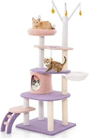 62-Inch Multi-Level Cat Tower with Condo, Sisal Scratching Posts, Ladder, Plush Perch, Hammock, and Climbing Tunnel